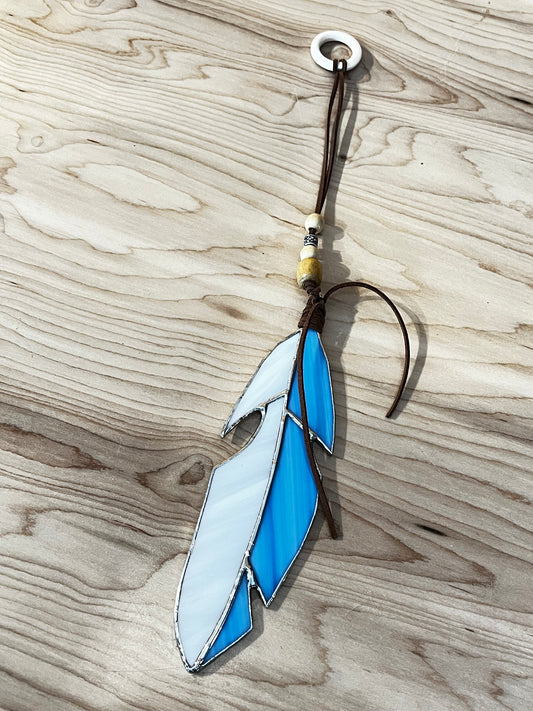 Blue/White Hanging Feather with Beads