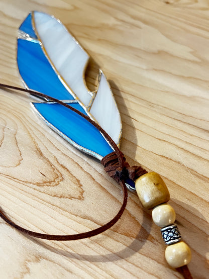 Blue/White Hanging Feather with Beads