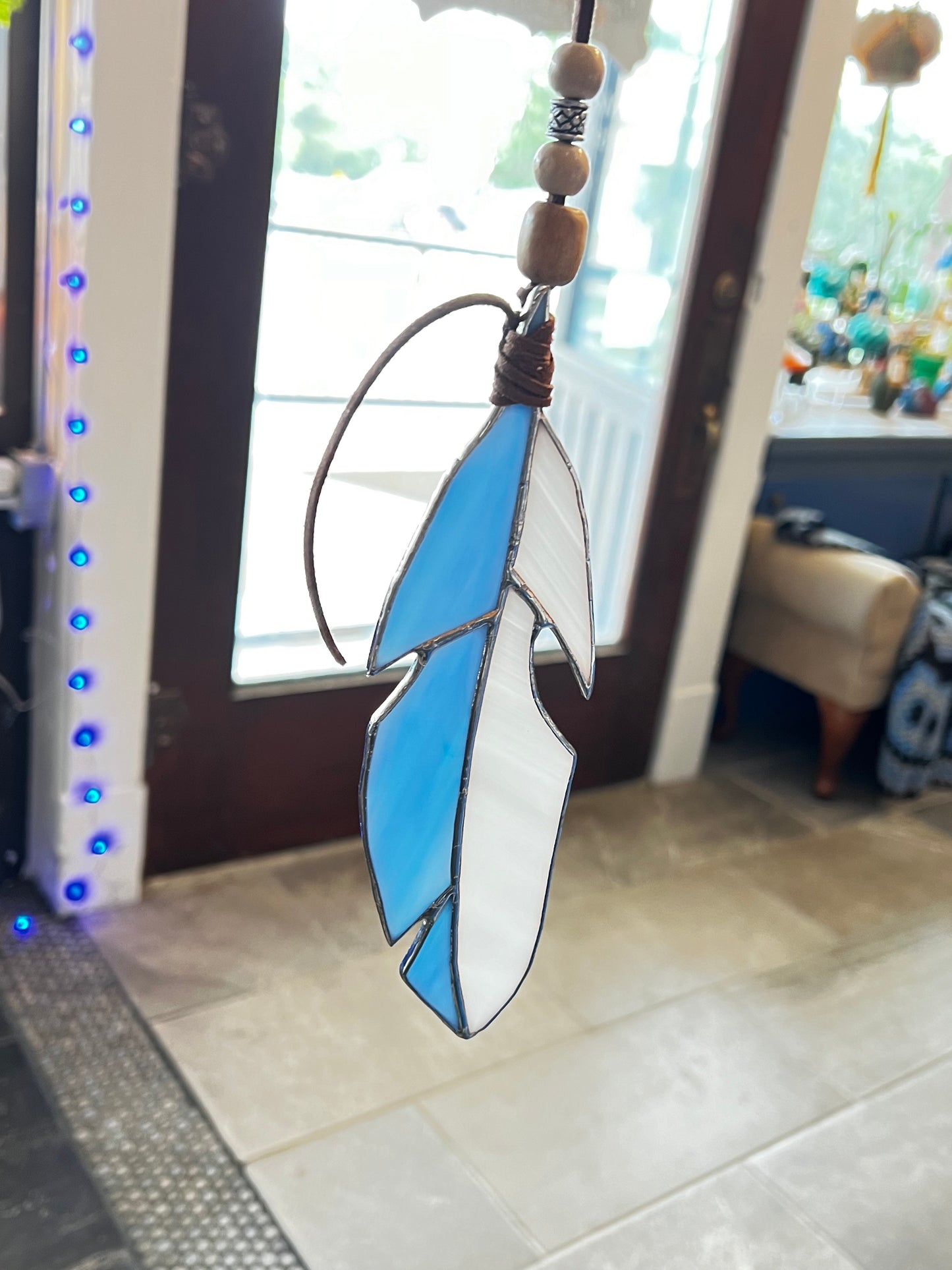 Blue/White Hanging Feather with Beads